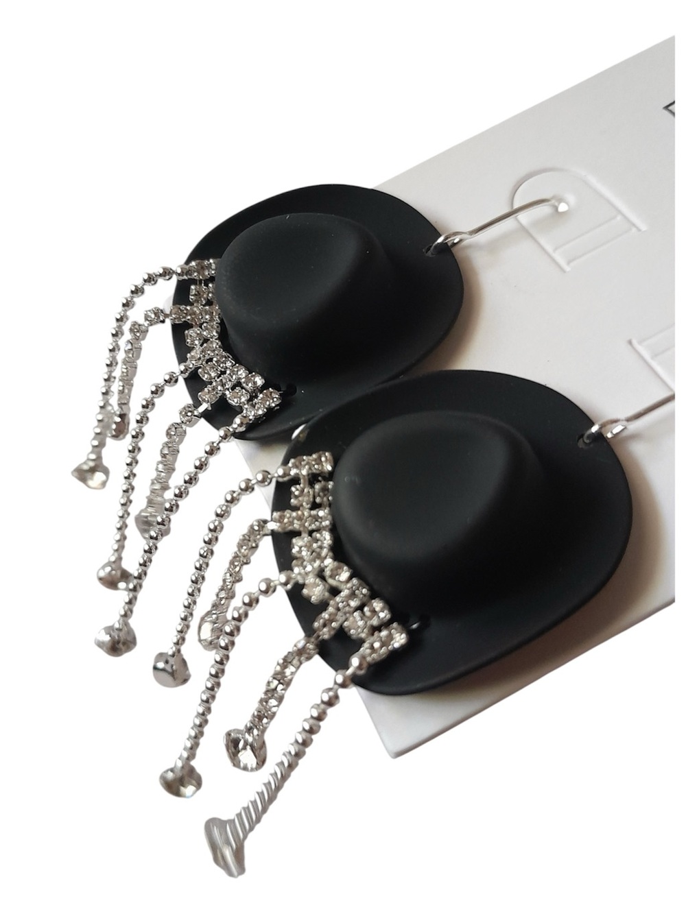 Cowboy Hat Crystal Rhinestone Fringe Dangle Earrings - Picture 4 of 7